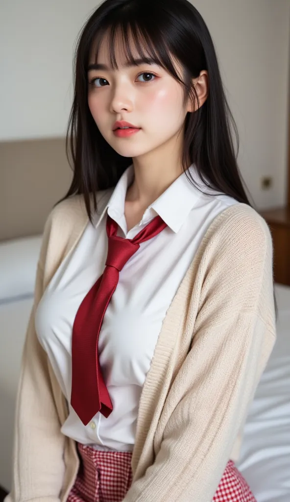 (((8k、High Resolution、highest quality、High Resolution)))alone、natural body shape、  white skin、  Natural Cosmetics、    black hair、bangs、 straight long hair、、(( high school uniform )) 、((beige cardigan that vibes on、  white collar long sleeve blouse  ))、((  ...