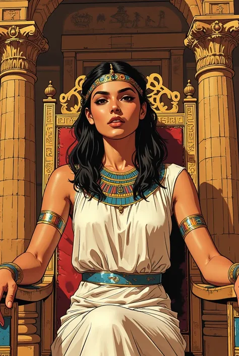 ((american comic art, thick outline. ancient Egyptian palace)). ((young Cleopatra seated on a throne, upper body)), ((view from diagonal:1.3)), ancient Egypt, small bust, slender. Staring nobly at the camera, archaic smile