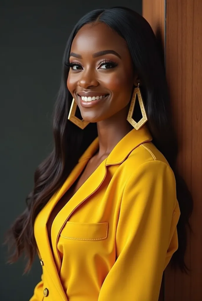 A portrait realistic image of a Nigerian woman, with a bone straight human hair, smiling,with a classy makeup leaning at an exaggerated angle, wearing a yellow jumpsuit, exuding a sense of modern elegance. She wears oversized, geometric earrings that add a...