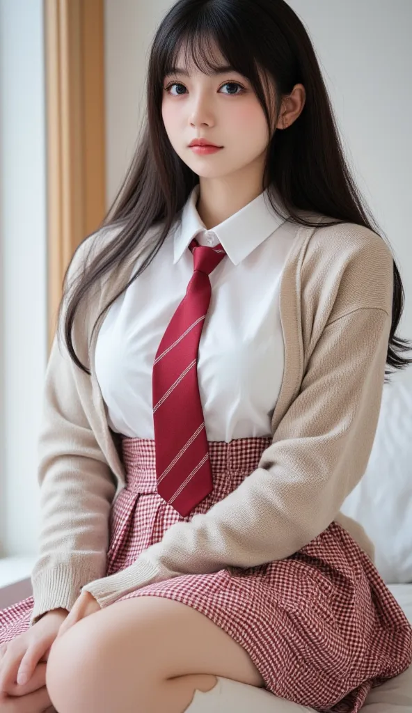 (((8k、High Resolution、highest quality、High Resolution)))alone、natural body shape、  white skin、  Natural Cosmetics、    black hair、bangs、 straight long hair、、(( high school uniform )) 、((beige cardigan that vibes on、  white collar long sleeve blouse  ))、((  ...