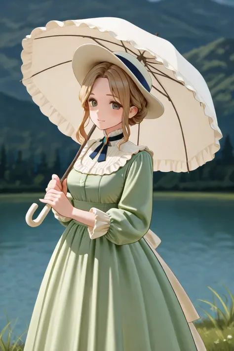 A drawing of a Victorian woman with a green dress and raised hair 
 She wears a Victorian-style hat looking at a lake and carrying an off-white umbrella and making it look like it is painted and the dress is in the Victorian style 