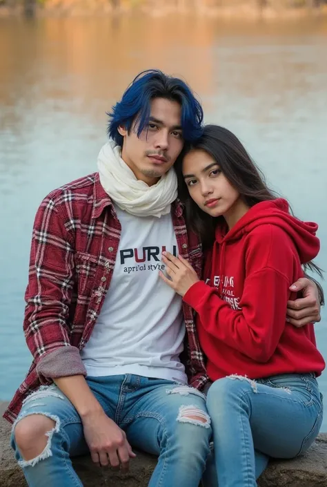 A Europe with a blue hair and a relaxed posture is wearing whit White scarf . His dark, slightly tousled hair falls naturally over his forehead. He is dressed in a white graphic t-shirt with the 'PUTRI APRIL style' logo, layered under a stylish Red checker...