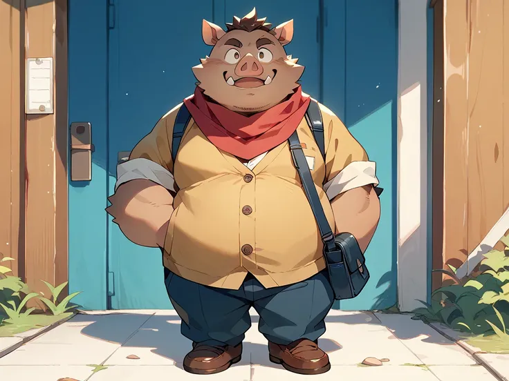 Wild Boar，boy，obesity，cute，Pig nose， elementary school student， red scarf ，full body shot