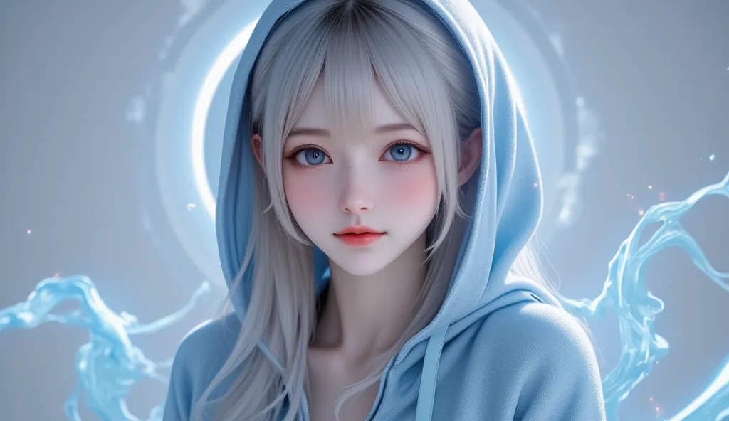 A beautiful girl with long light blue hair is wearing a light blue deep V hoody. There are light blue magic light flowing special effects all around, and the background is a solar eclipse. Octane rendering, plump bust. sexy