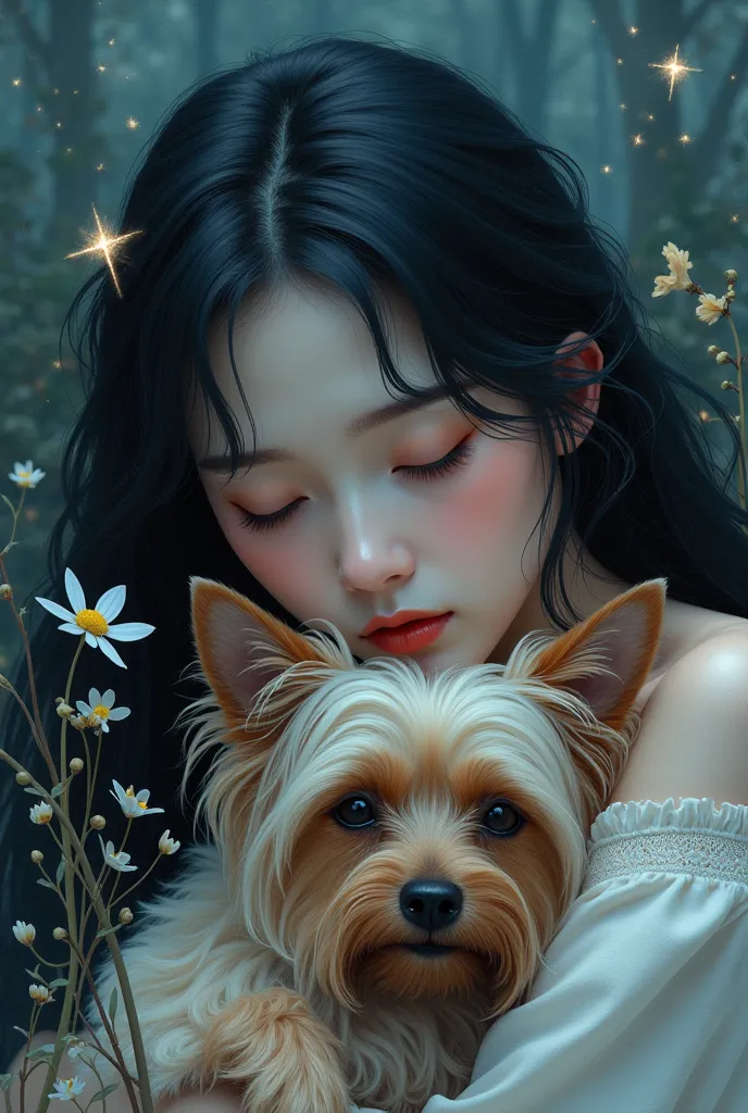 Image of only half of a white woman with long black hair in her hair next to some mini flowers hugging a Yorkshire dog with her eyes closed on a night with shiny watercolor-style dots 