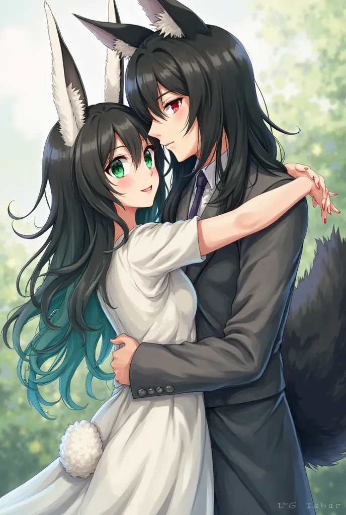 hello can you create images of an anime couple that the woman is a human rabbit with white ears and a short white tail and that her hair is wavy black with long green and that her eyes are green, The man who is a human fox and who is fair-skinned with long...