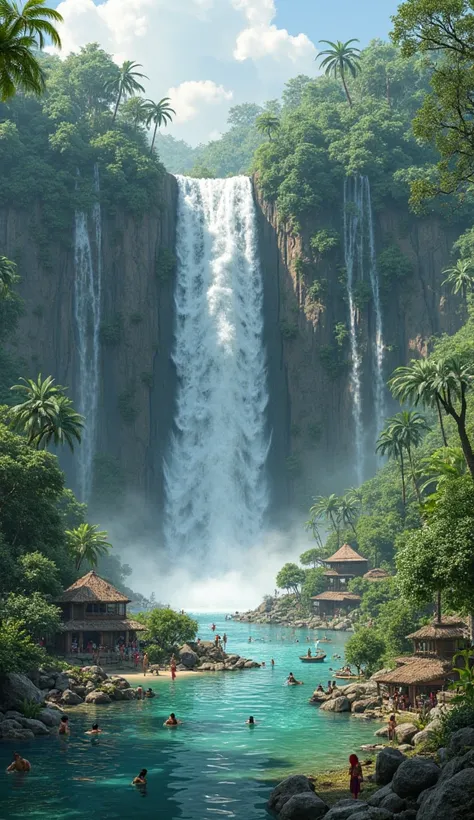 photo like original,torrential waterfalls ,there is a house,there are a lot of people,there is water irrigation,coconut tree,,indonesia,realistic