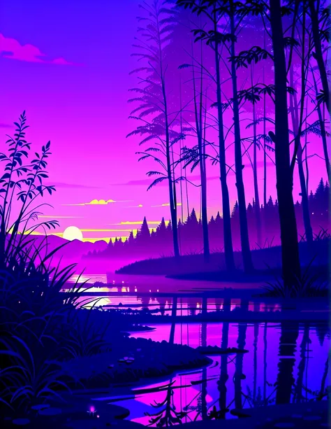 (masterpiece:1.2, Best Quality), High contrast, (Best Illumination, extremely delicate and beautiful), ((Cinematic Light)), Highest Quality, masterpiece, swamp, purple willow trees, purple water, tall weeds, purple flowers, purple lily pads, dusk, fireflie...