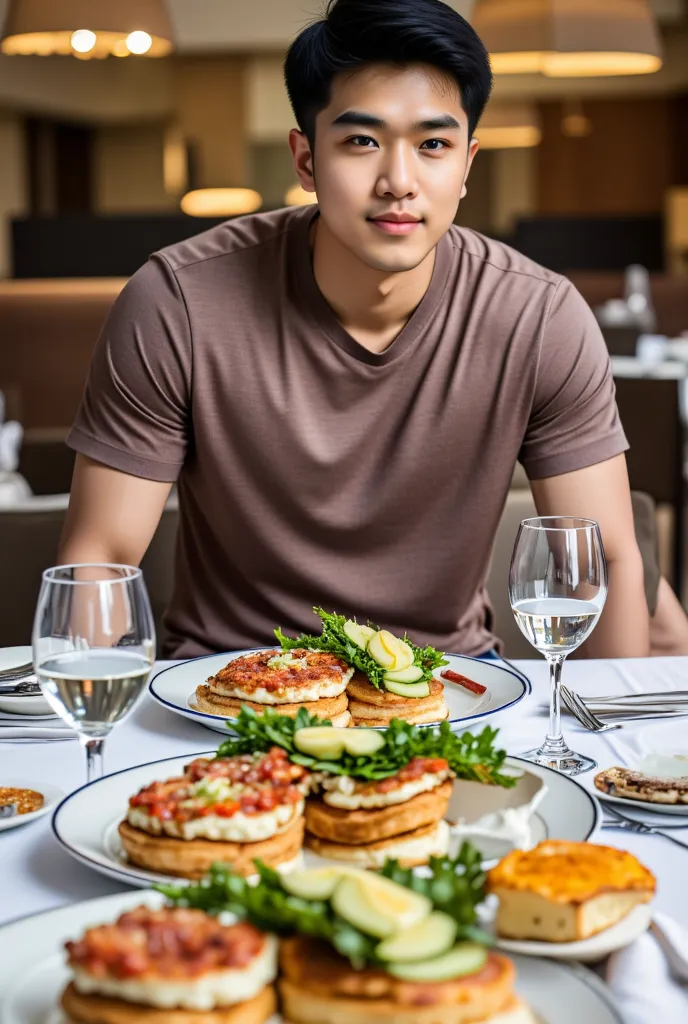 full indoor shot, zoom-out shot of hyper-realistic photo of a hyper far dinning room background, blurred man, zoomed-out shot of handsome Asian young man has black spiky style hair, shaved face, Wearing brown t-shirt,shy smiling, stands behind a table, ful...