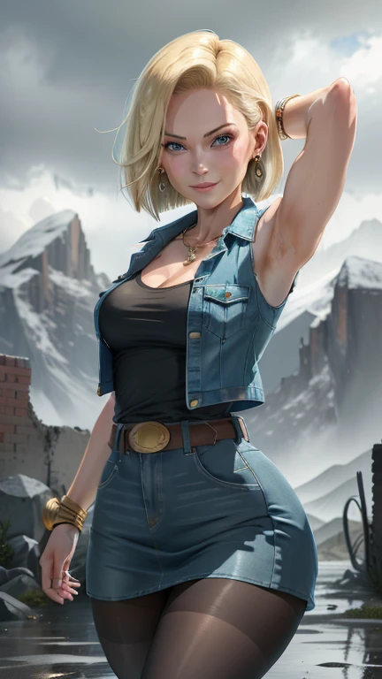 best quality, highres, and18, 1girl, android 18, solo, blonde hair, blue eyes, belt, tight blue demin skirt, gold_necklace, bracelet, closed fists, black shirt, short hair, long white striped sleeves, earrings, open vest, denim vest, medium breasts, cowboy...