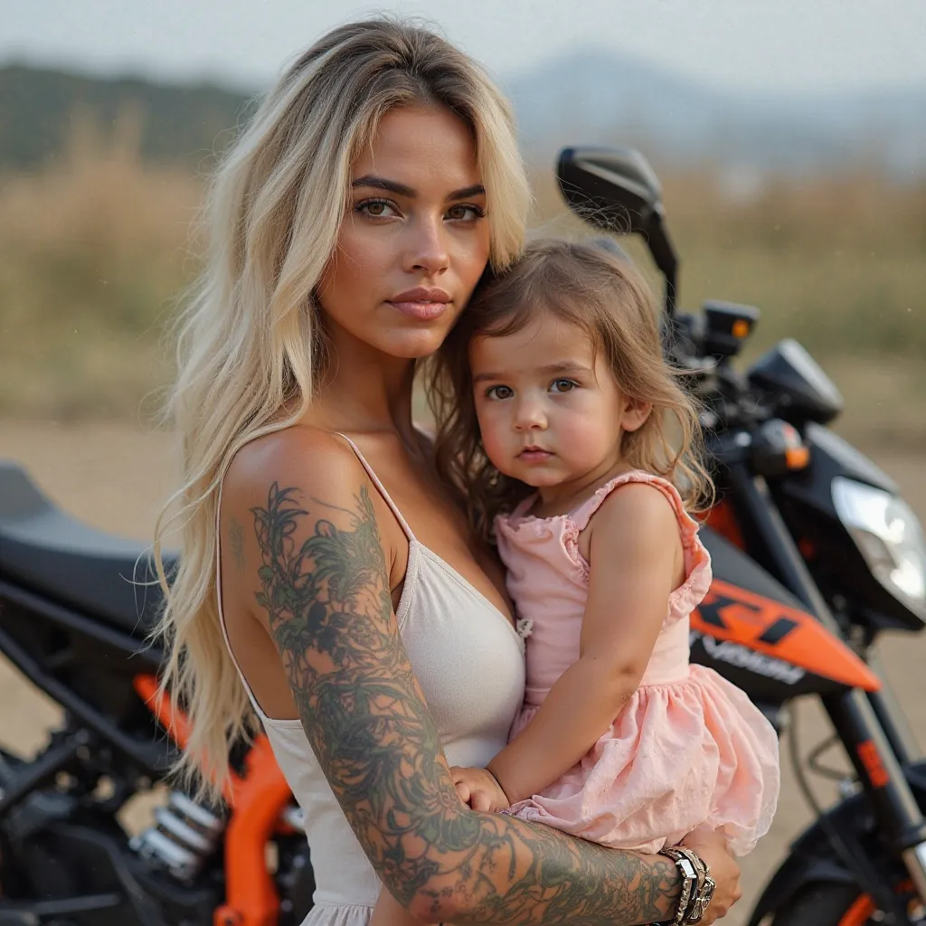 A woman with long blond hair with natural hair, brown eyes, tattooed everywhere, wearing a dress and carrying in her arms a  girl with light brown hair wearing a pastel pink dress and in the background a very beautiful black and orange KTM motorcycle in th...