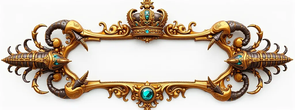 "A highly detailed 3D ornamental upper frame with a luxurious golden finish, designed in a decorative and cartoonish style. The frame is elongated and elegant, with a large, majestic royal crown at the center, adorned with intricate engravings and embedded...