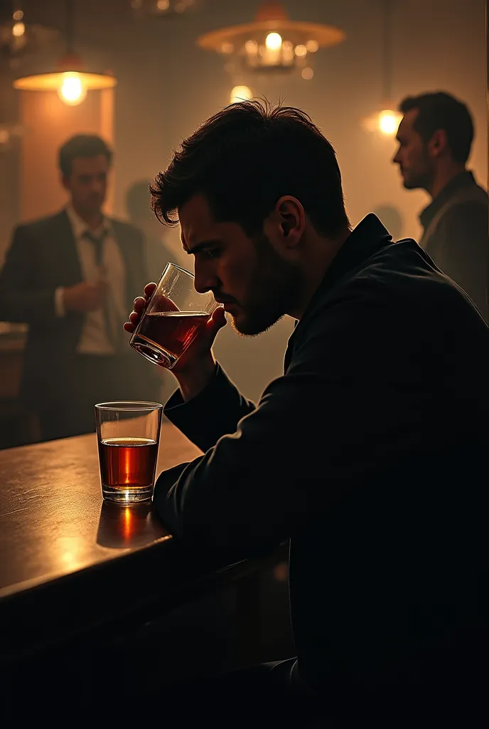 A man at a bar , Drinking sad, to see his beloved woman with another man
