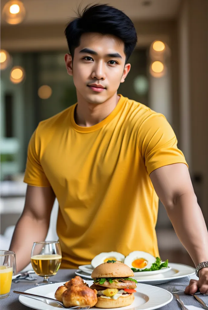 full indoor shot, zoom-out shot of hyper-realistic photo of a hyper far dinning room background, blurred man, zoomed-out shot of handsome Asian young man has black spiky style hair, shaved face, Wearing yellow t-shirt,shy smiling, stands behind a table, fu...