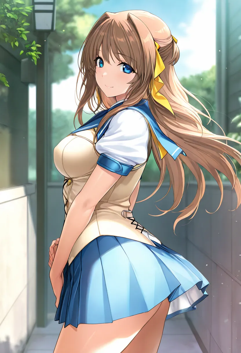 a young woman posing for a photo standing, outdoors, from side, BREAK 1girl, c-kouenji, blue eyes, long hair, brown hair, hair ribbon, medium breasts, blue sailor collar, puffy short sleeves, white shirt, beige vest, cross-laced clothes, blue pleated skirt...