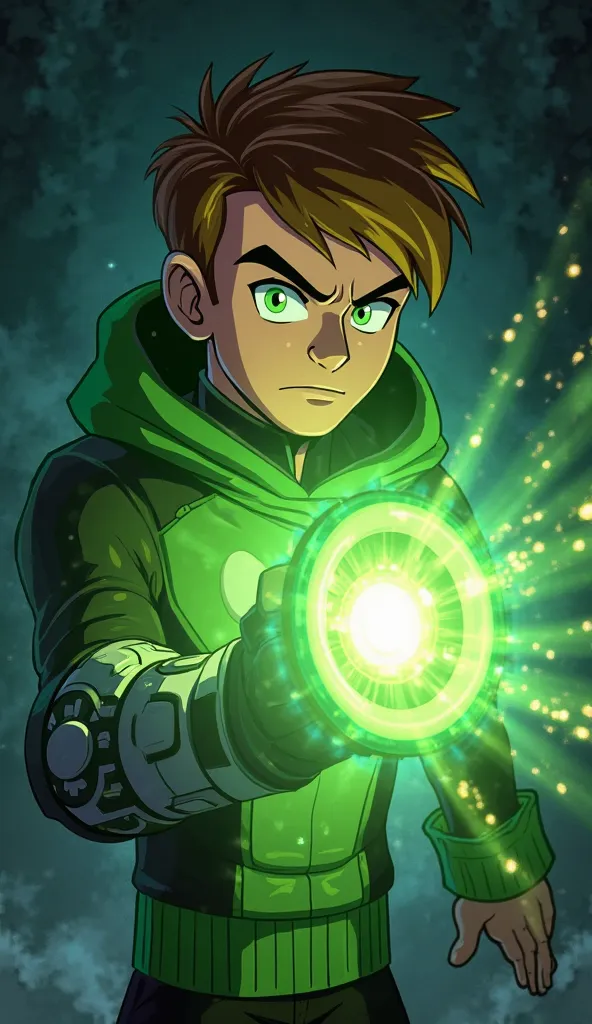 A cinematic, ultra-realistic scene of Ben Tennyson from the classic Ben 10 cartoon, depicted exactly as he appears in the series but with realistic textures. He activates his Omnitrix, which glows with an intense neon-green light, its outer ring spinning a...