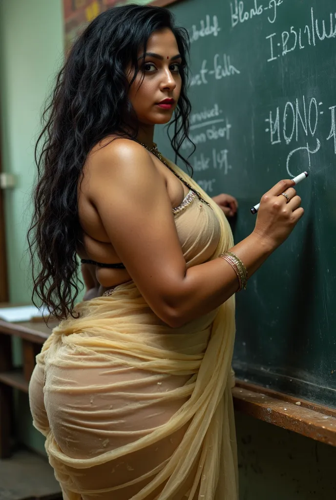  Plus size  pornstar , indian , age 40+ , long messed up frizzy black hair , very big   m cup breasts ,big busty  round breasts   ,thick shaved Nude thighs, slutty makeup , wrapped in tattered torn  transparent saree  , almost naked, she is l milk stains  ...