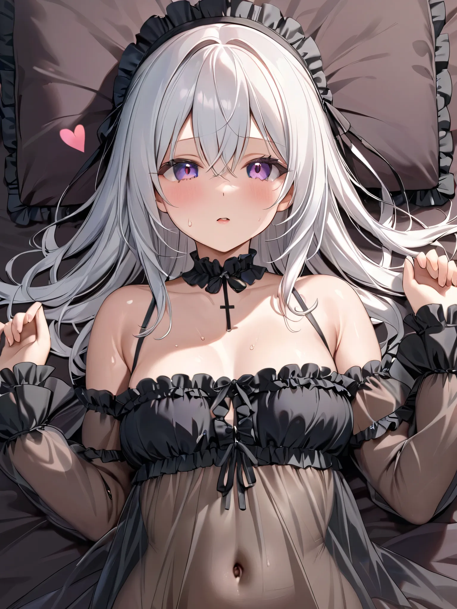 (highest quality,  masterpiece,  super precise, High Resolution), 8k,  Anatomically Accurate Body , Nightcore, gothic maiden anime girl lying on her back in bed, White-haired goddess, beautiful charming anime woman, simple background, beautiful face, perfe...