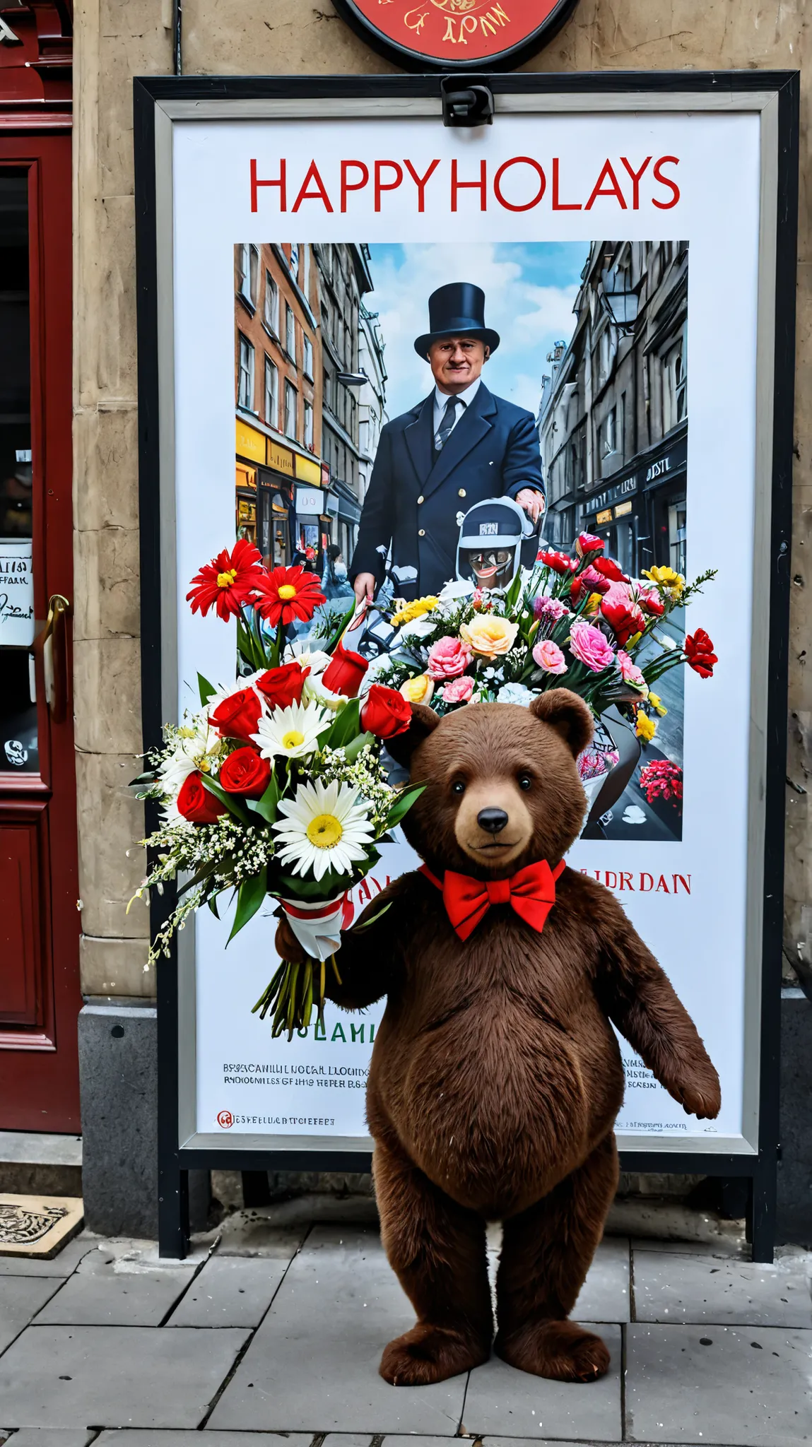  medium plan, Front view. cartoon style. Paddington bear walks joyfully down London streets and smiles. A bouquet of flowers in one paw, in the other paw there is a poster with an inscription in Russian "Yulka,  Happy Holidays "