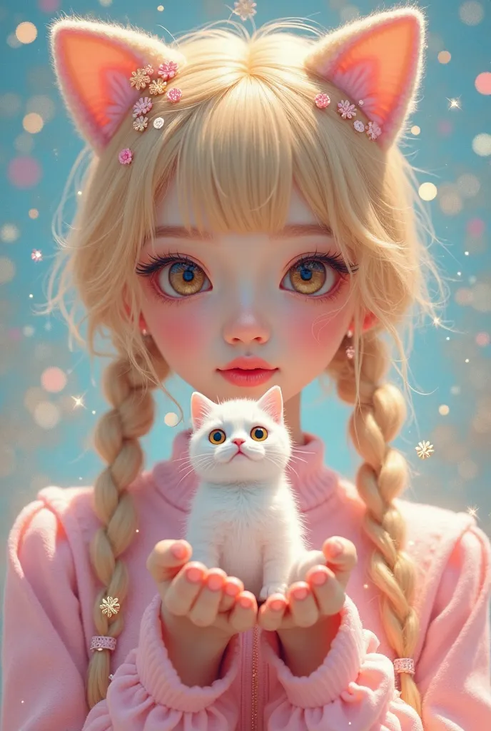  Lori Fashion、pastel surreal pop equipment、Princess Neko Ears、Innocent Eye、Golden eyelashes、Gloss Lip、Duck mouth、Hold out a miniature cat with both hands、wig hair、braid twin、cat pose for everyone、A cheerful girlfriend surrounded by cheerful cats、art、model、...