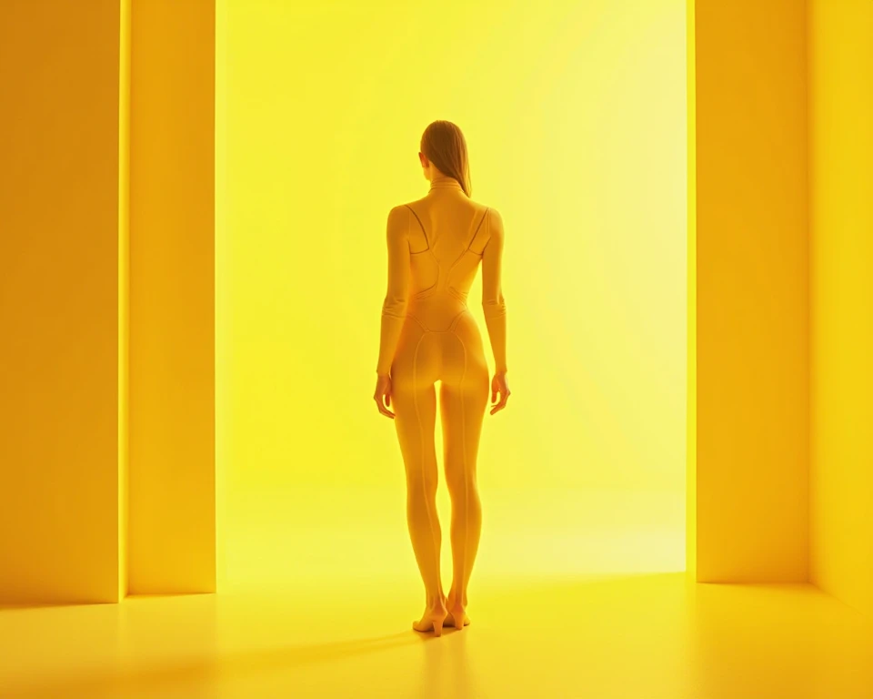 A yellow body suit at the yellow room with a window with light 
