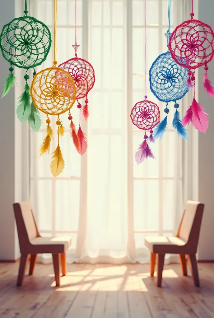 six dreamcatchers in two rows, each one of them is of a different color:  green, pink, blue,  red, yellow, purple.  chairs on a light background 