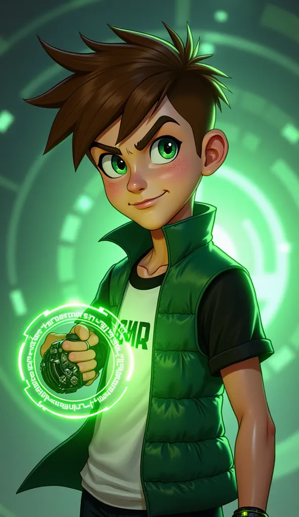 "A hyper-realistic depiction of Ben Tennyson, the iconic age hero from Ben 10, standing confidently with his Omnitrix glowing on his wrist. He has tousled brown hair, green eyes, and wears his signature white and black T-shirt with a green jacket, looking ...