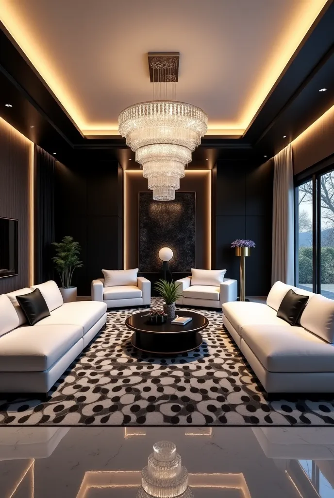 Luxury living room furniture, mainstream black and white, decorative LED lights, crystal lights, smart devices,