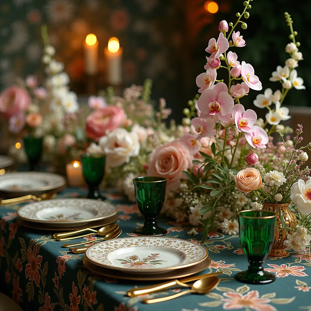 A table setting with a vase of close-up of Table setting with green glassware, plates, silverware, candles, and flower arrangements with orchids, peonies, and eucalyptus lavender ,  , green glasses, floral plates, and gold silverware on a floral dark  tabl...