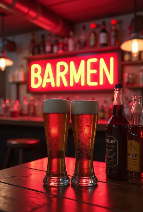 A 3D presentation in a tavern setting. In the background there is a beer bar with a big neon sign saying "BARMEN". There is a bar with various alcoholic drinks. There are two beers next to the sign.  The lighting is soft, there are lamps hanging from the c...