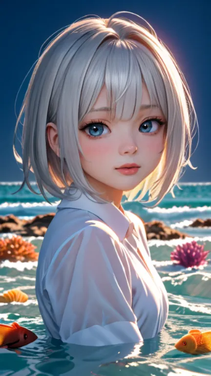 masterpiece, best quality, very well detailed, 1 girl, perfect face, full body photo:1.3, very well detailedな顔, Long Gray Hair:1.5, blue eyes:1.4, In The Water:1.4, white dress:1.5, ocean, Coral Reef, School of small fish, light, bubble, Jellyfish, ocean a...