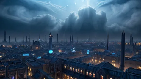 "Ultra-wide panoramic background for vampire-themed arcade game, 
19th-century Gothic cityscape at night viewed from distant vantage point, 
dominant cool color palette (moonlight #a6c5ff), 
gas lamps casting cool pools of light (#a6c5ff), 
distant spires ...