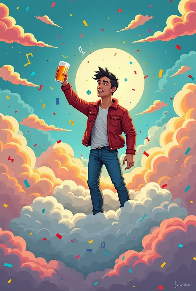 cartoon style, clouds in the sky, a rock party going on in them,anonyme a man holding a beer greets us from the cloud to the ground with a rock salute, fantasy, abstract