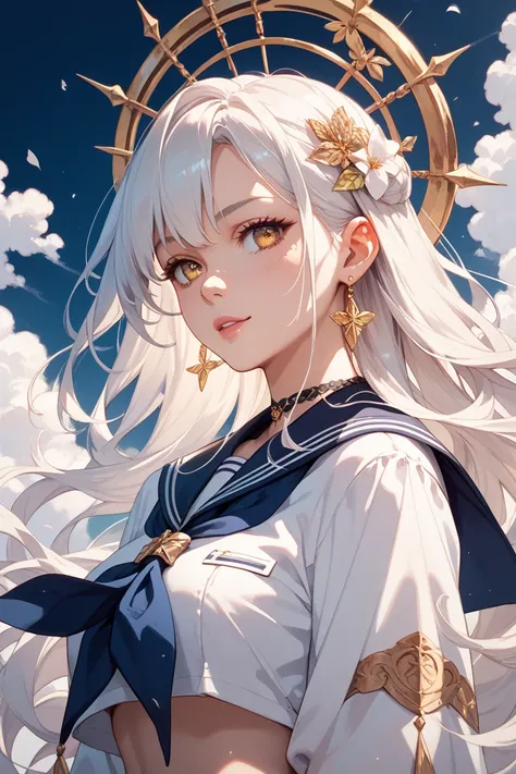 silvery white hair
golden eyes
Ephemeral
endearing
beautiful girl
illustrations
sailor suit
