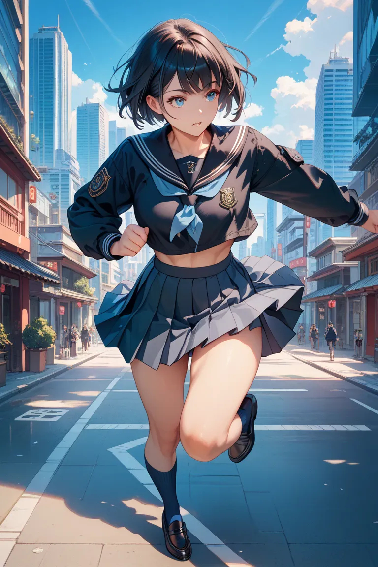  black sailor suit that grabs the thigh, gray pleated skirt ,black loafers,navy blue high socks,dark haired short bob,Athletic build,Beautiful Girl,Japanese cityscape, is running on the right hand