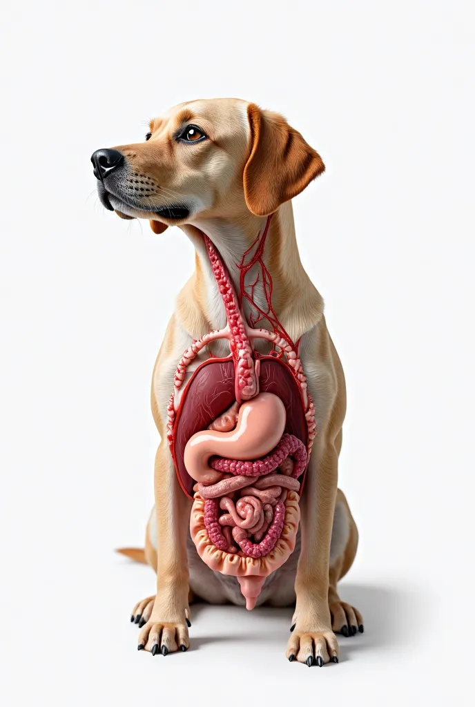 Hi -res image. White background. Photo of a dogs digestive system