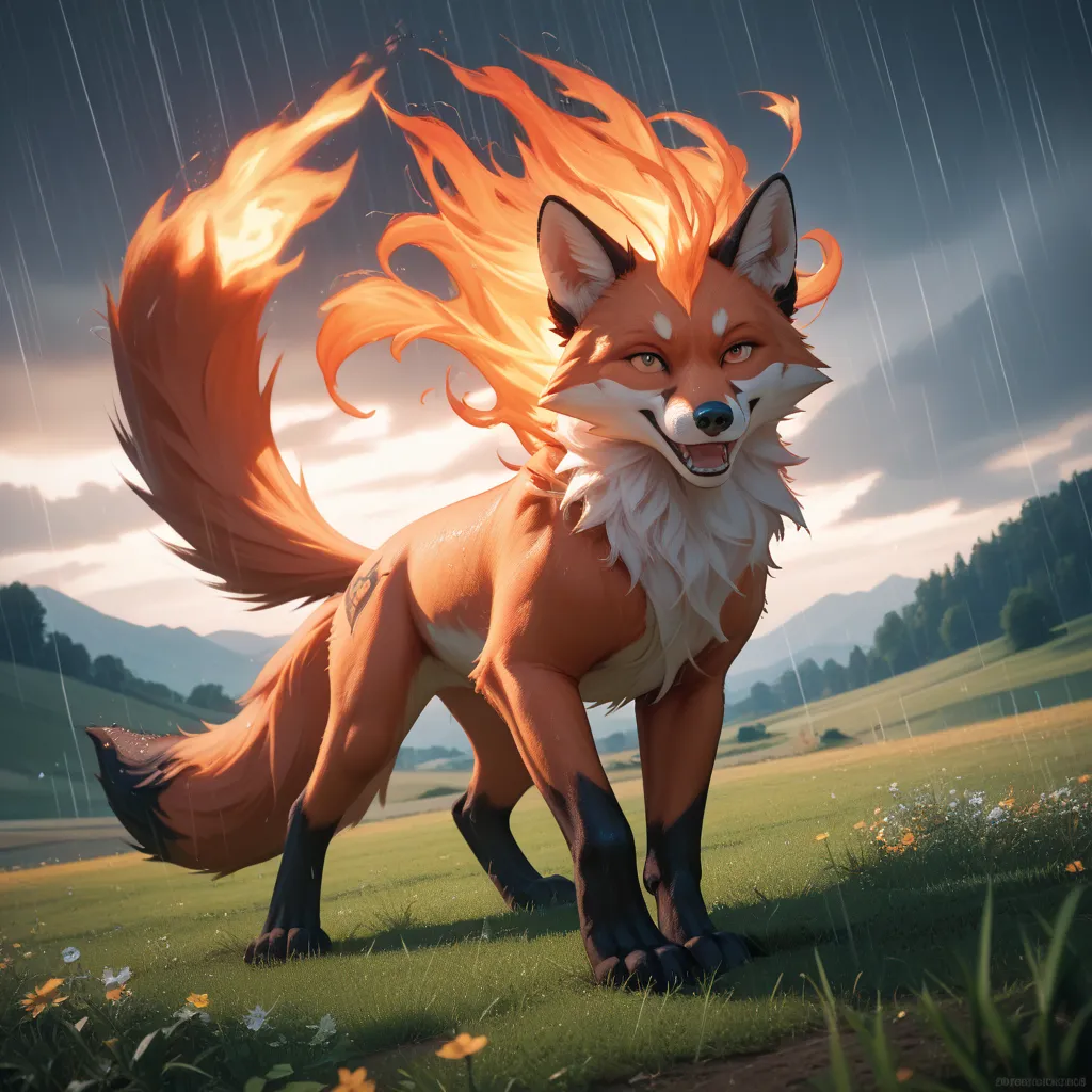 mythical nine tailed demon fire Fox, High definition, field of battle, rainy, expression of courage, 4K, realism, 