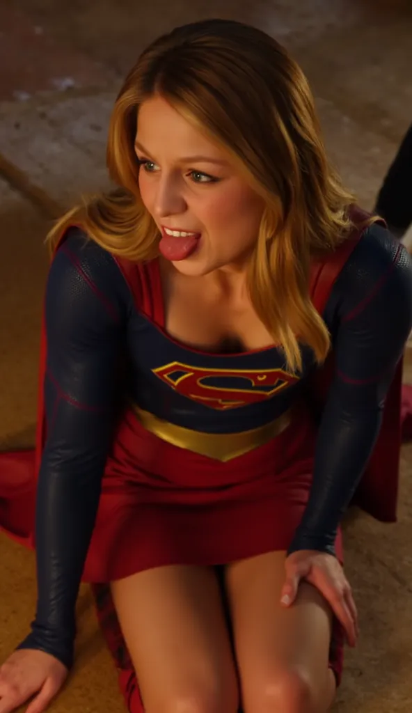 supergirl, on her knees, whole body, giving a blowjob to , top camara POV, Tongue out, face cute,
