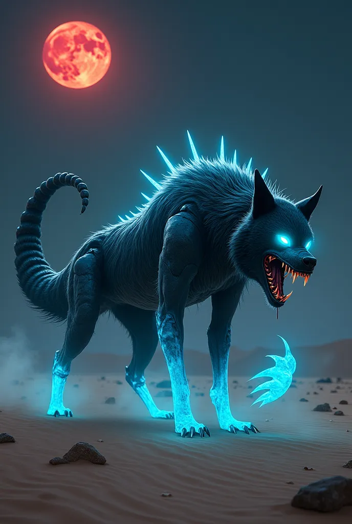 "A terrifying fusion of a wolf and a scorpion, lurking in the moonlit desert. Its body is covered in sleek, dark fur that transitions into chitinous exoskeleton armor along its back and limbs. The head resembles a snarling wolf with glowing cyan eyes, elon...