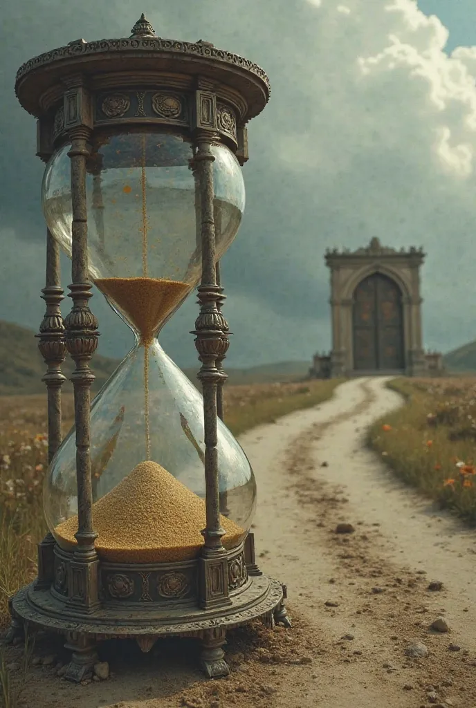 Give me a picture with an hourglass and a road leading to a door 