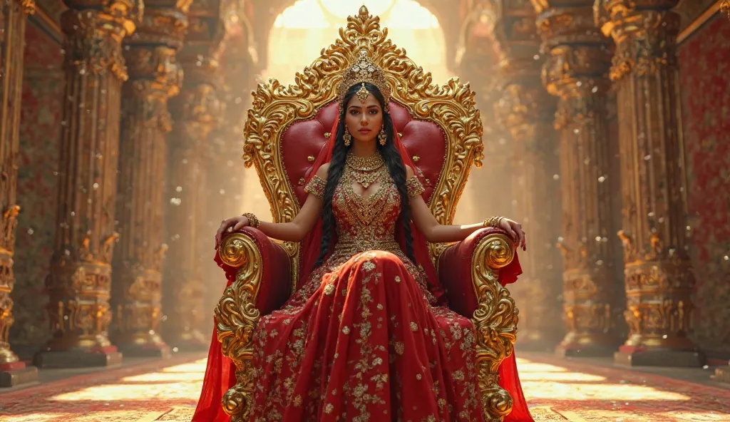 "A Indian queen standing gracefully in an ornate golden throne in a grand palace hall.