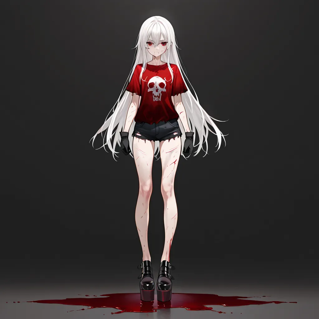 1girl, full body front, slim body, very long legs, bare legs, white hair, red eyes, bloody shirts, torned shorts, gloves, platform shoes, scratches and bruises on face and body, puddle of blood