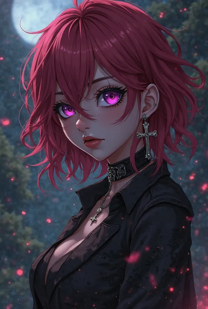 Anime Dark skinned man, cherry red hair, purple eyes, medium hair, back long to the neck, wearing cross earrings on the right, piercing his mouth, piercing his eyebrows