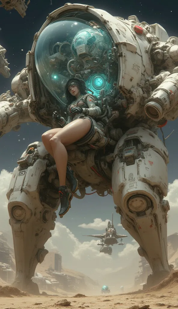 (masterpiece. super high resolution .realistic)、Post-apocalyptic warfare、Floating sci-fi space combat walking weapon、ostrich shaped bipedal robot、space combat robot made entirely of clear glass、Stained Glass、female pilot sits in cockpit cockpit.、female pil...