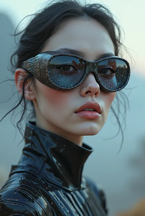 The model is wearing glass sunglasses with stars and the moon on the glass