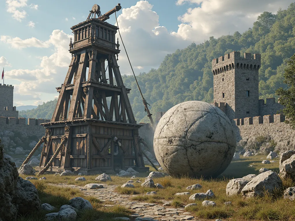 Middle Ages. A medieval trebuchet fires a stone ball towards the wooden palisade of a castle