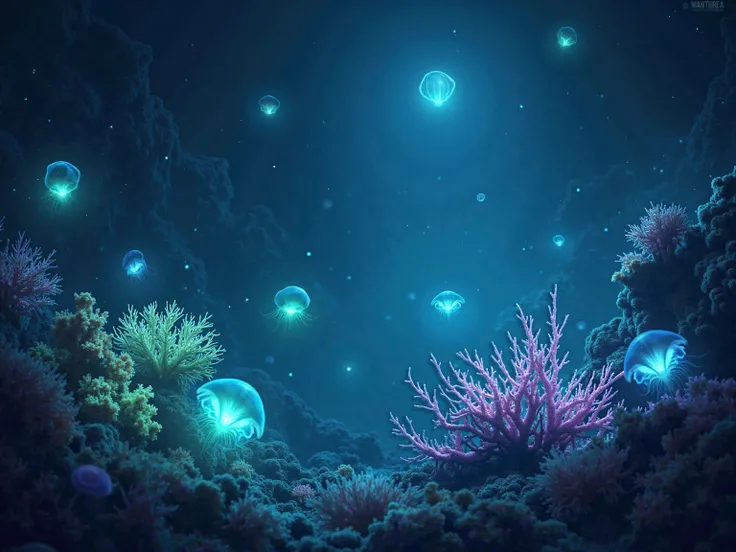 A magical deep-sea coral reef glowing in the darkness of the ocean night. The corals emit a soft blue and green bioluminescent glow, illuminating the mysterious underwater landscape. Strange and beautiful deep-sea creatures swim through the darkness, their...