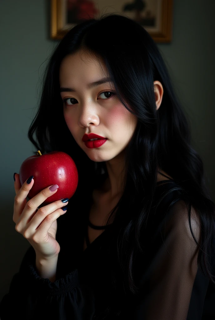 ((RAW photos), Absurd, (Absurd 해상도)), 걸작,  Shadow),  realistic lighting ,  Her beautiful and detailed brilliance , ((21 years old)), girl,  long black hair, black queen, Accessories, apple in hand, poisoned apple, witch queen, Red lipstick, ((( Her photogr...