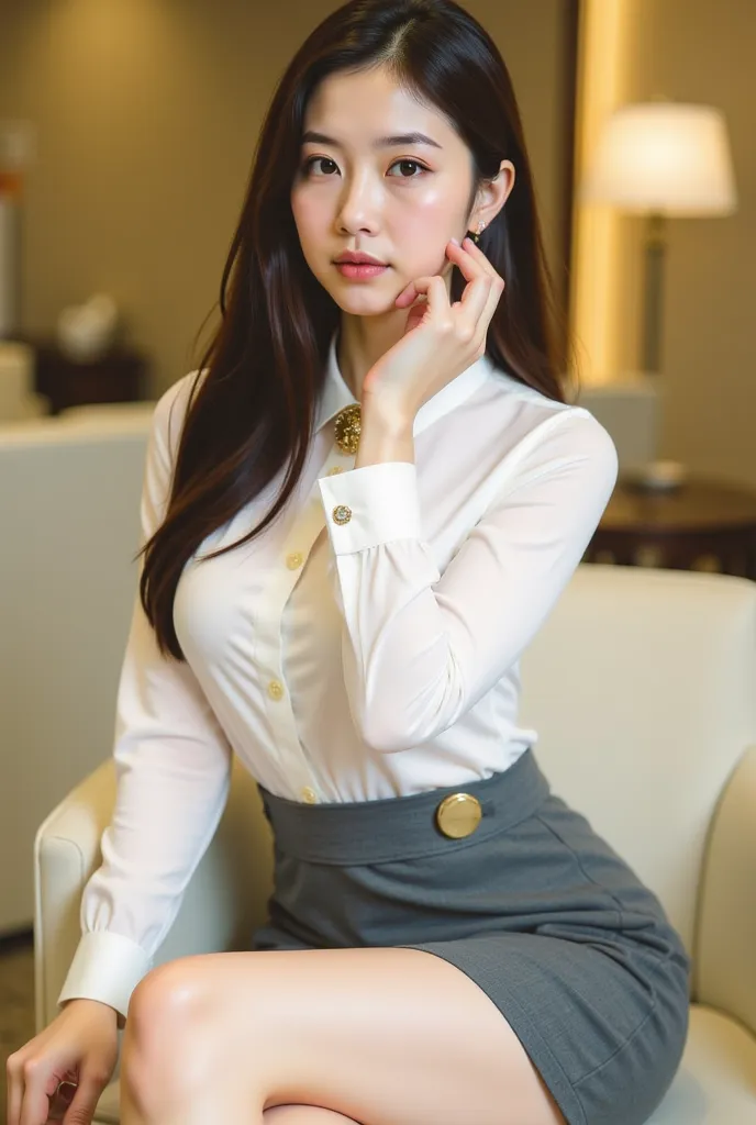 a young woman seated on a light-colored chair in an indoor setting, likely an office or lounge. She has long, dark hair styled neatly, and her expression is poised and confident. She is dressed in a professional yet stylish outfit, consisting of a white bl...