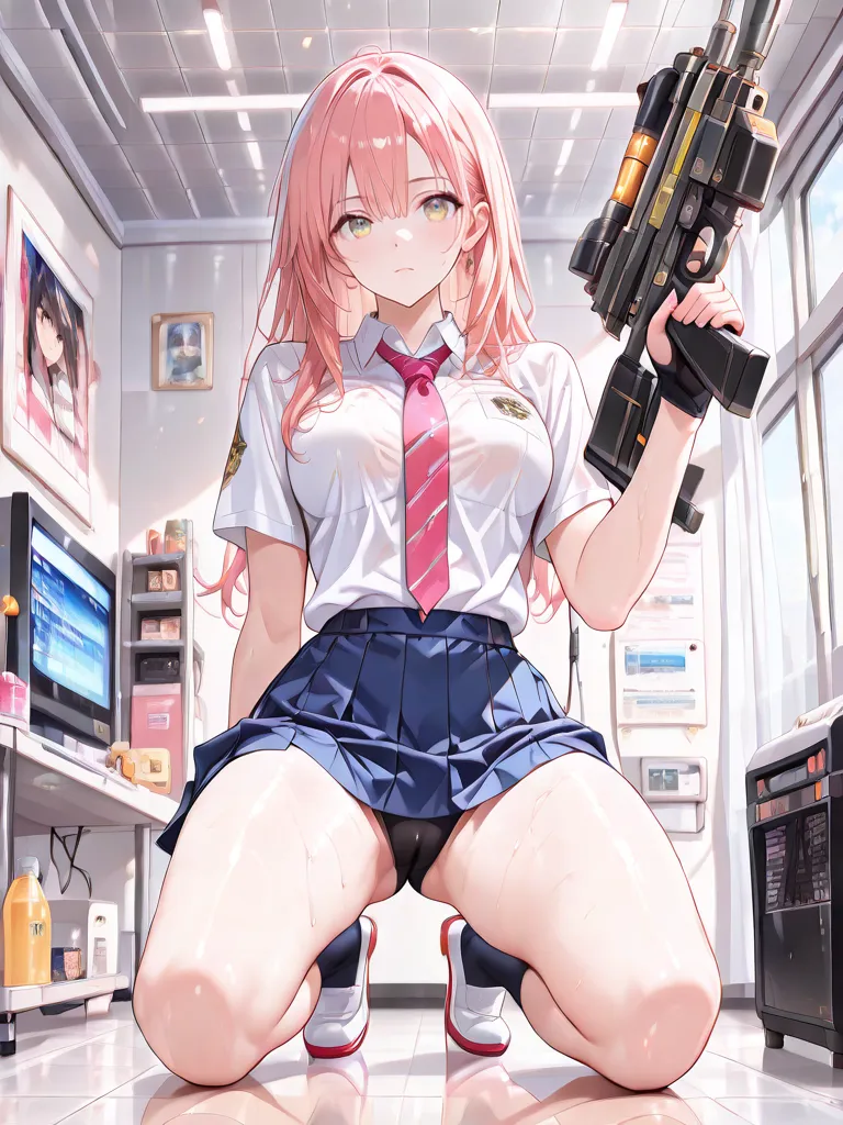 anime - style illustration of a woman in a high school uniform, laser GUN action video game character, holding a GUN, official character art, full body, female action anime girl, sweaty, industry, (masterpiece:1.2), (best quality:1.2), (very aesthetic:1.2)...